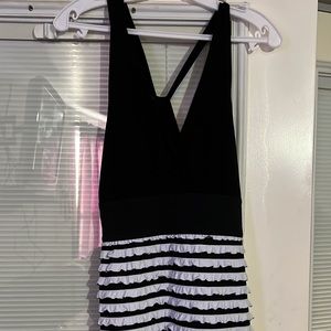 black & white open shoulder dress